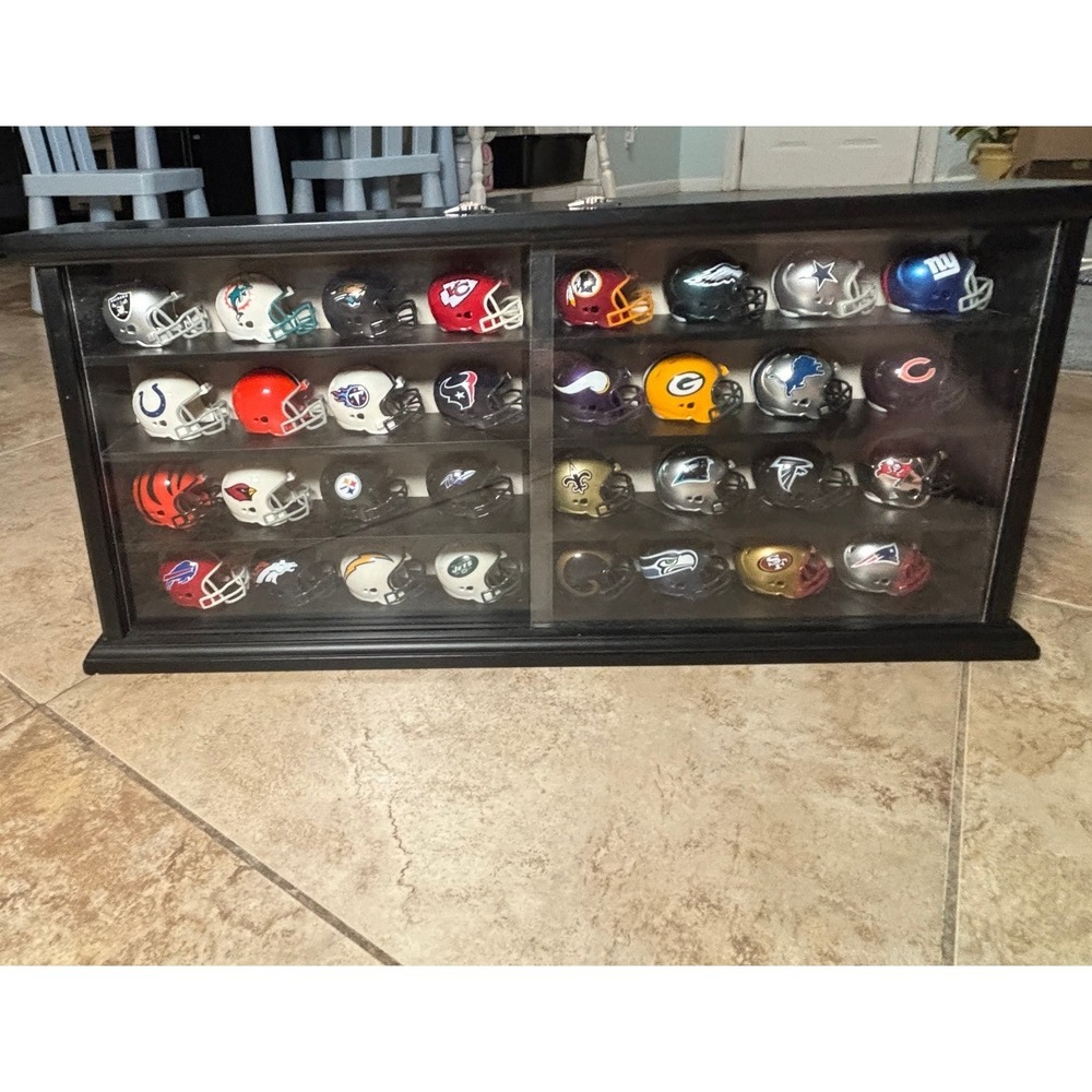 NFL Mini Helmet Wall Display Case Black Wood Frame Sliding Acrylic Doors 32 Slot